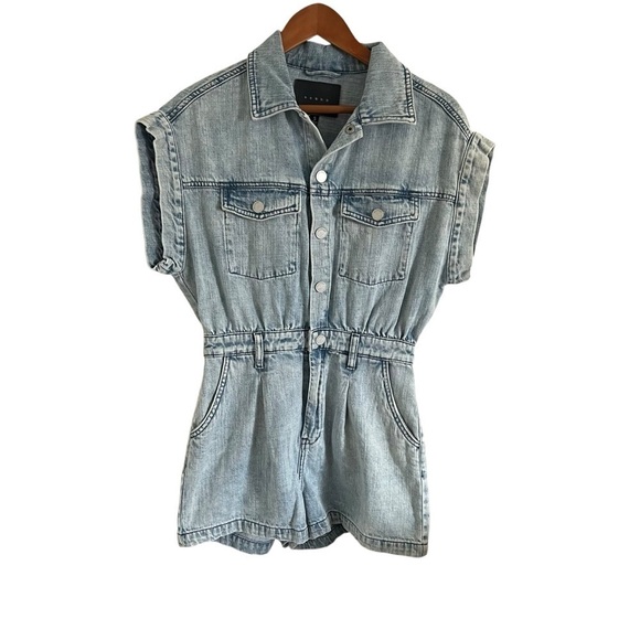 BLANK NYC 90s Time Zone Retro Acid Wash Denim Short Sleeve Romper - Picture 2 of 9